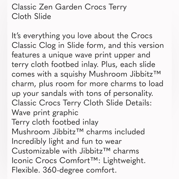 🍄CROCS ZEN GARDEN CLASSIC TERRY CLOTH SLIDES 8 10 - Picture 10 of 10